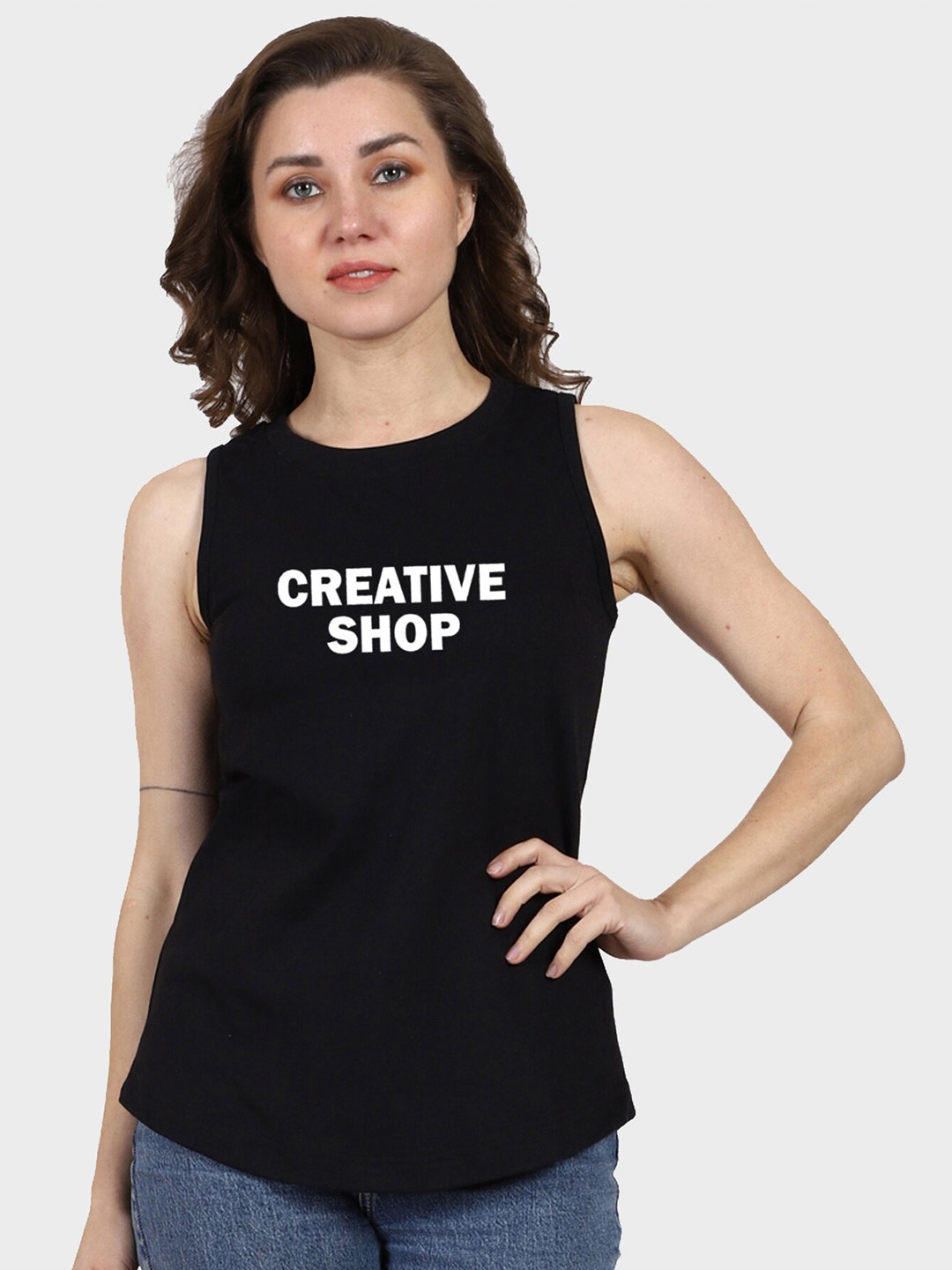 T-SHIRT TRUCK Sleeveless Typography Printed Cotton T-shirt, Black