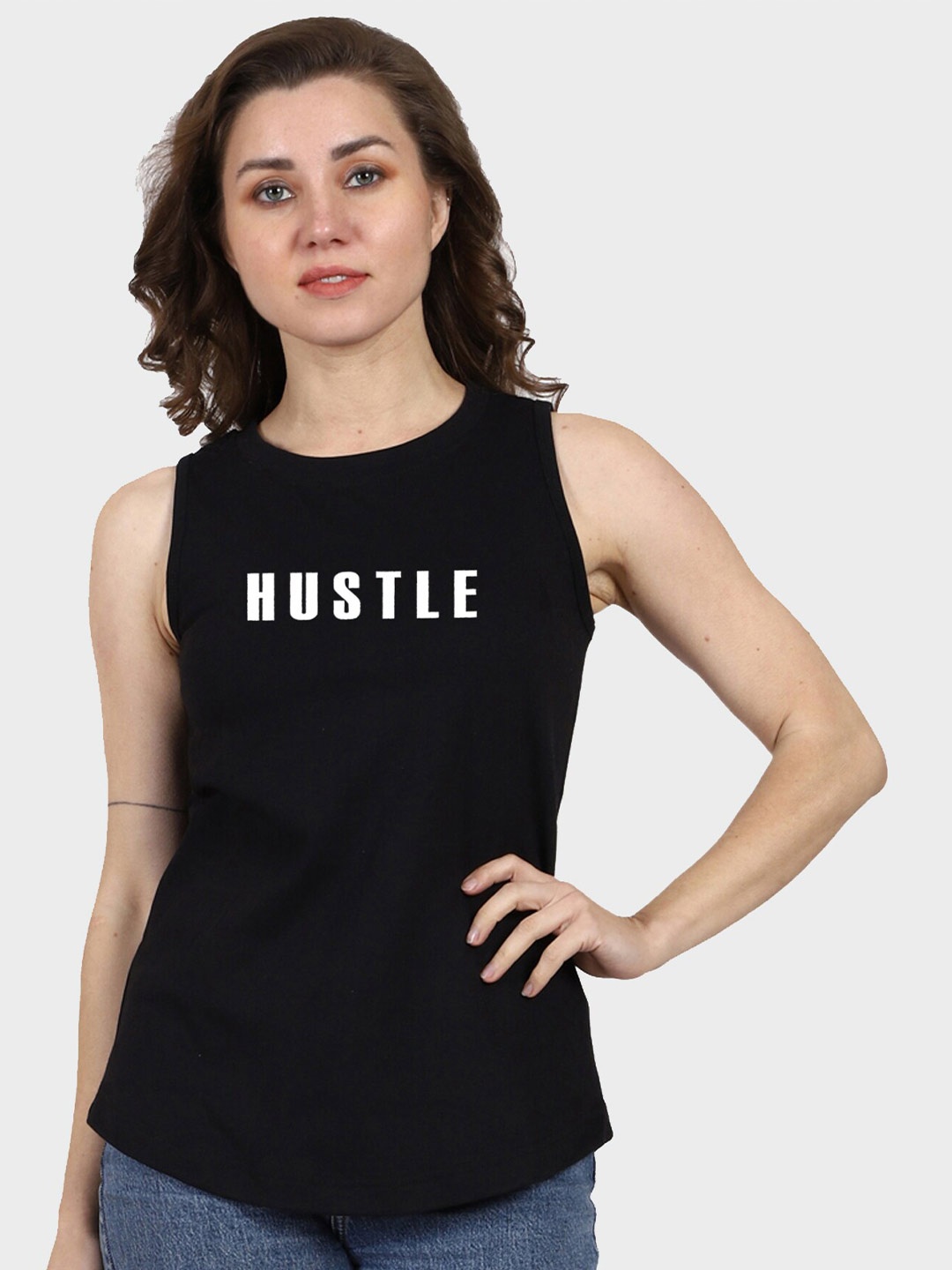 

T-SHIRT TRUCK Typography Printed Sleeveless Cotton T-shirt, Black