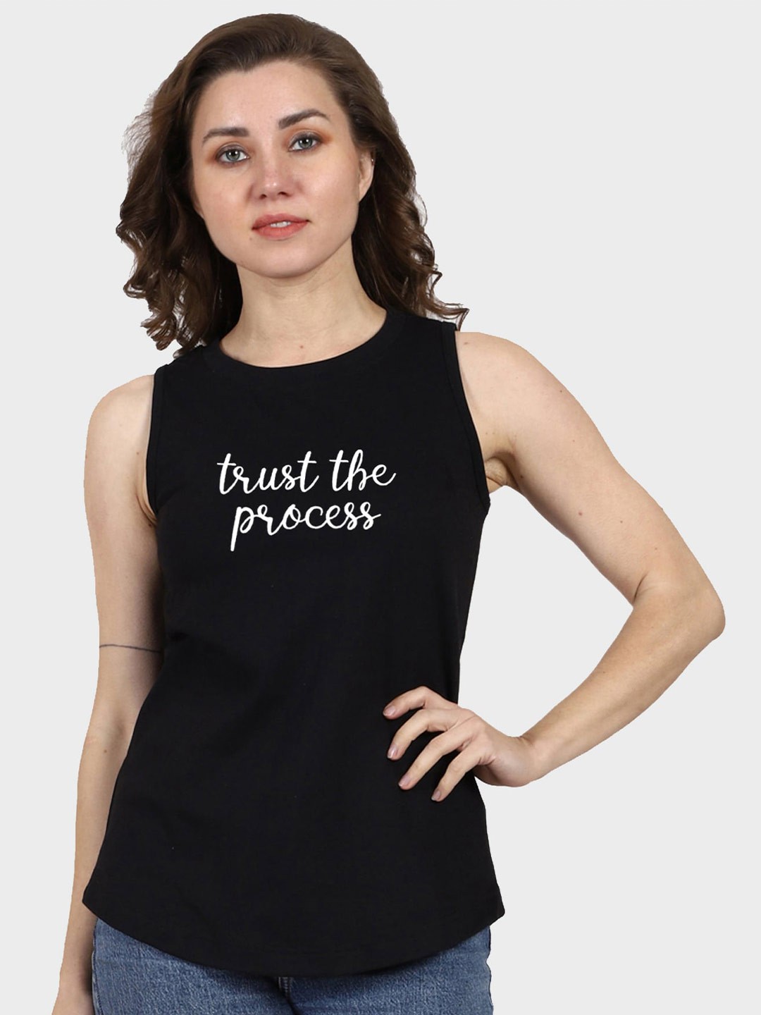 

T-SHIRT TRUCK Sleeveless Typography Printed Cotton T-shirt, Black