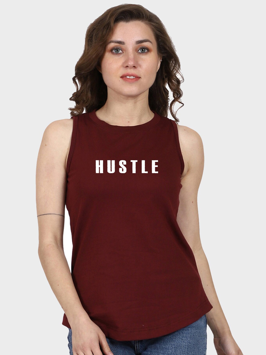 

T-SHIRT TRUCK Typography Printed Sleeveless Cotton T-shirt, Maroon