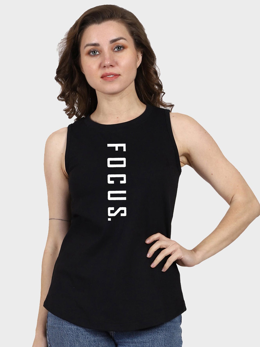 T-SHIRT TRUCK Sleeveless Typography Printed Cotton T-shirt, Black
