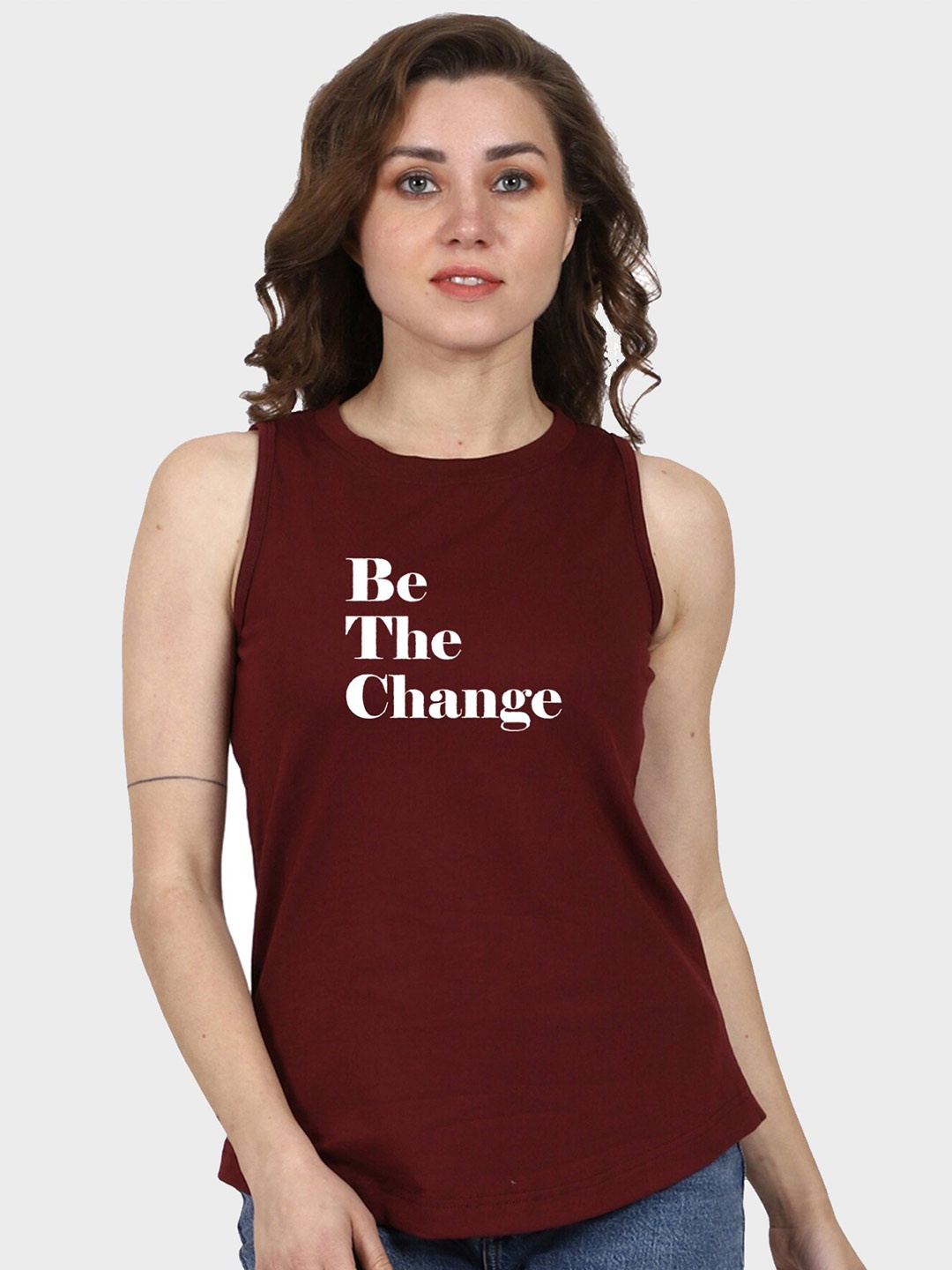 T-SHIRT TRUCK Typography Printed Sleeveless Cotton T-shirt, Maroon