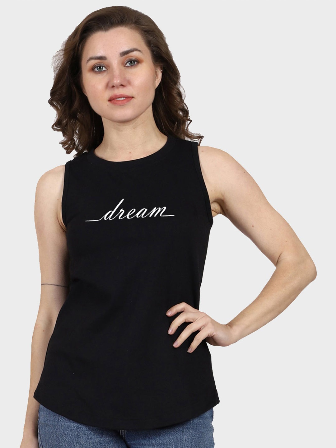 

T-SHIRT TRUCK Typography Printed Sleeveless Cotton T-shirt, Black