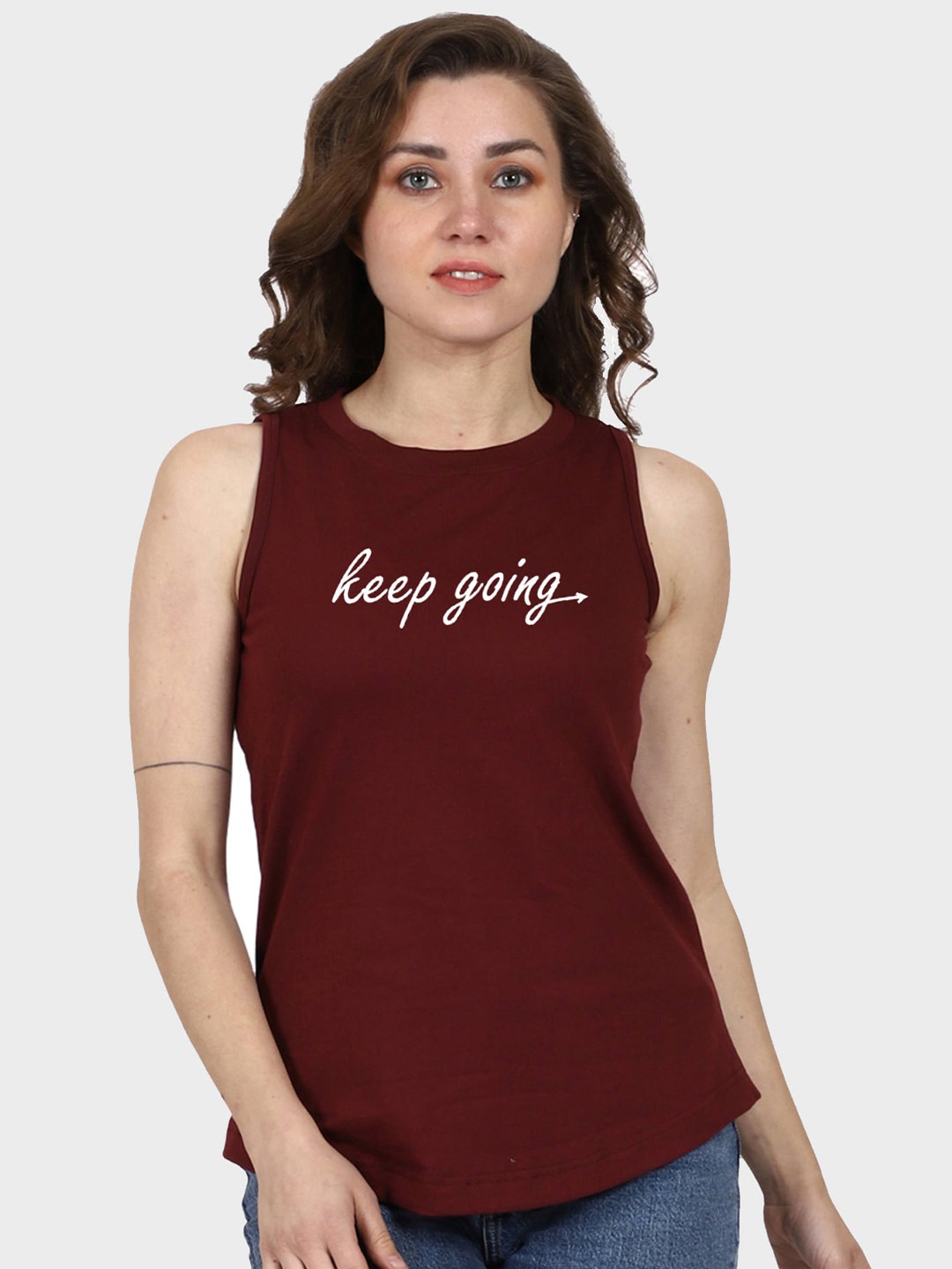 T-SHIRT TRUCK Typography Printed Sleeveless Cotton T-shirt, Maroon