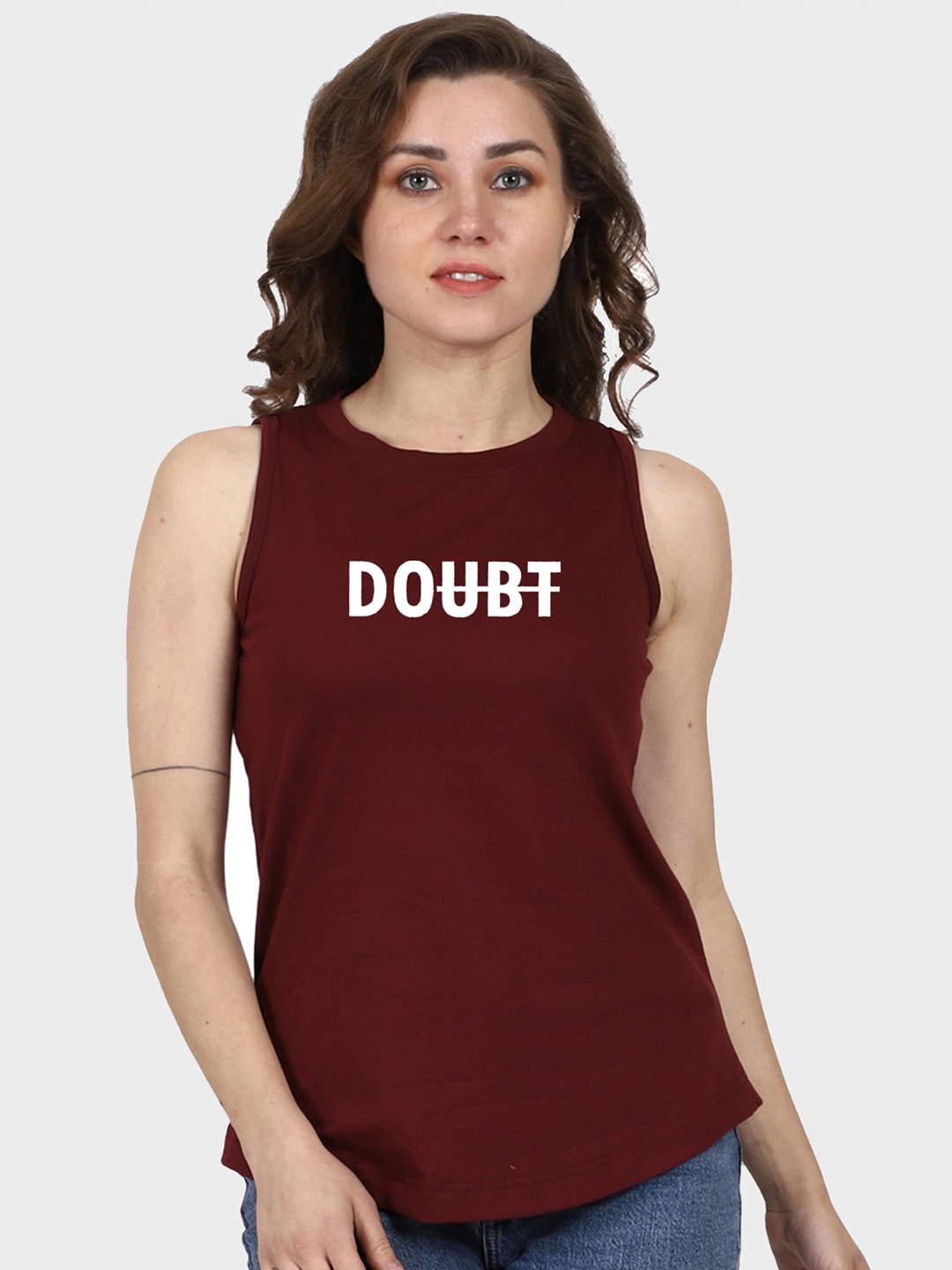 

T-SHIRT TRUCK Typography Printed Sleeveless Cotton T-shirt, Maroon