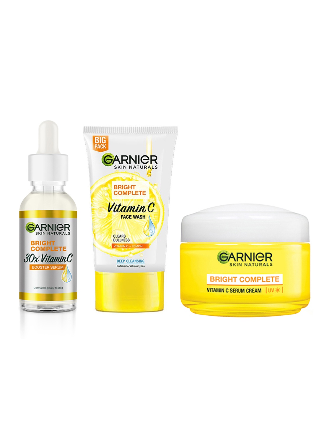

Garnier Bright Complete Vitamin C Skin Care Set -45g + 30ml + 150g, Yellow