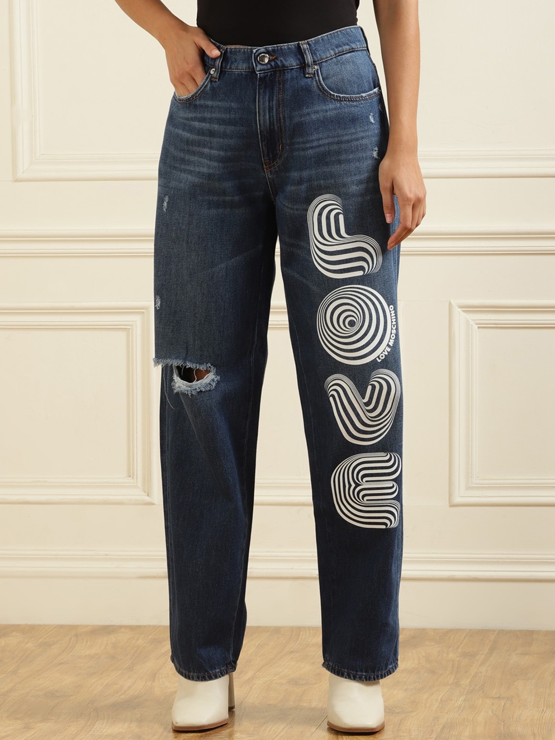 

LOVE MOSCHINO Women Slash Knee Light Fade Printed Straight Fit Jeans, Blue