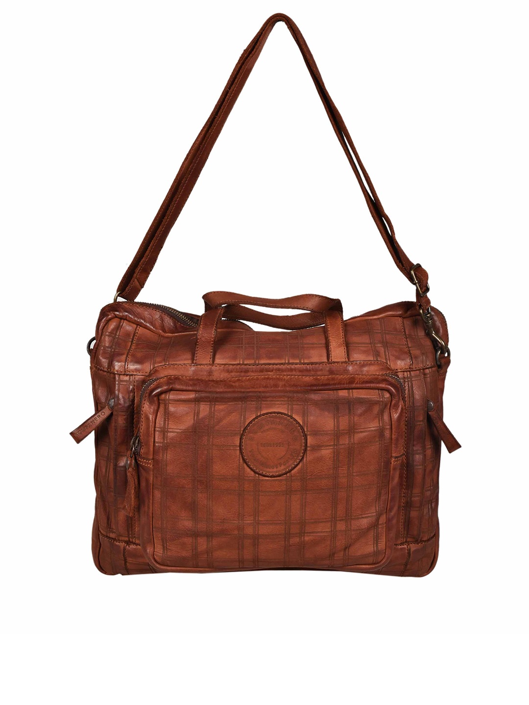 

KOMPANERO Checked Leather Laptop Bag, Tan