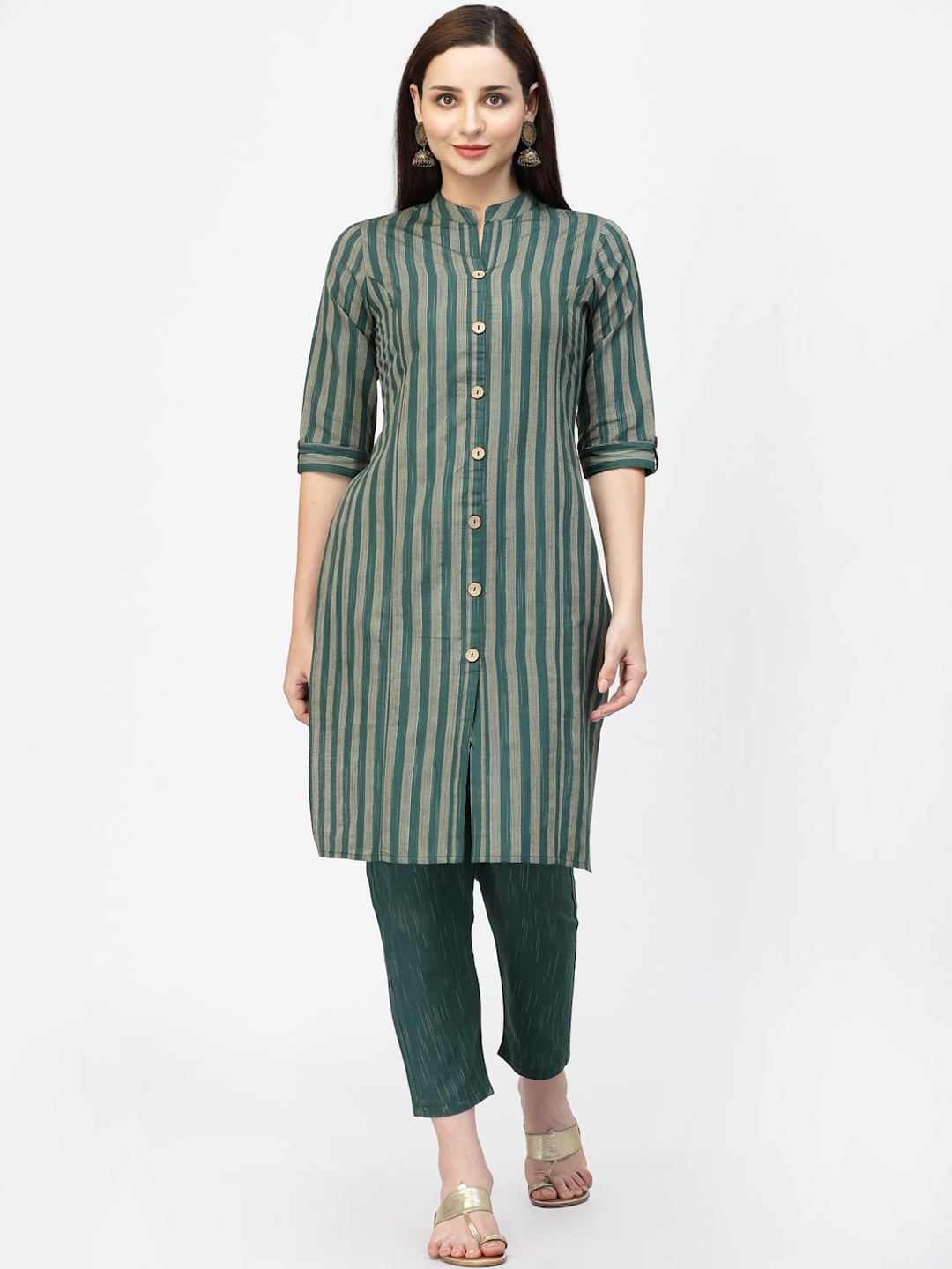 

Vastraa Fusion Striped Pure Cotton Kurta With Trousers, Green