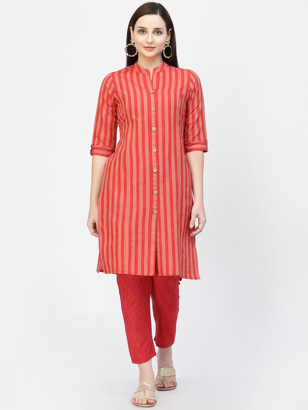 

Vastraa Fusion Striped Mandarin Collar Pure Cotton Kurta With Trousers, Red