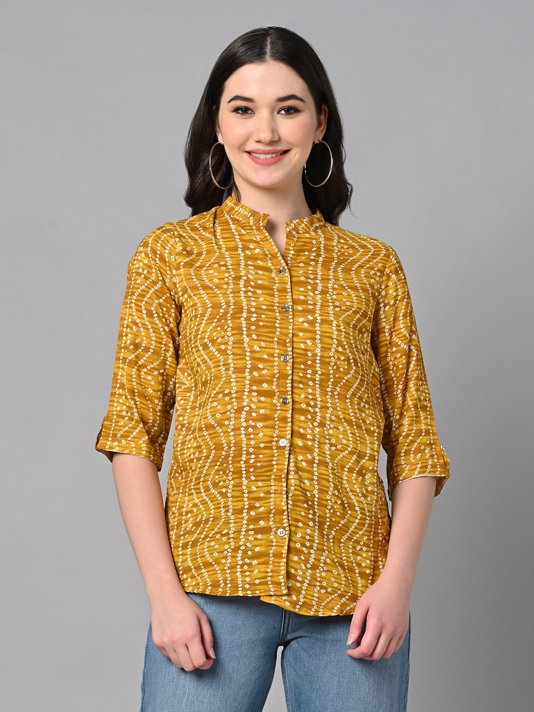 

Vastraa Fusion Bandhani Printed Mandarin Collar Shirt Style Top, Yellow