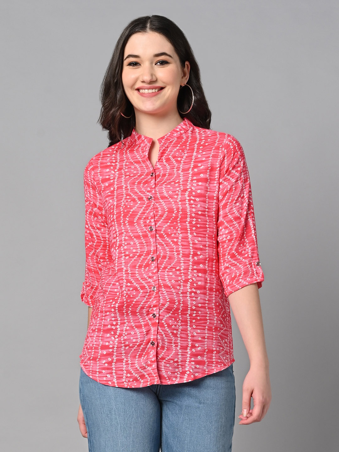 

Vastraa Fusion Bandhani Printed Mandarin Collar Shirt Style Top, Pink