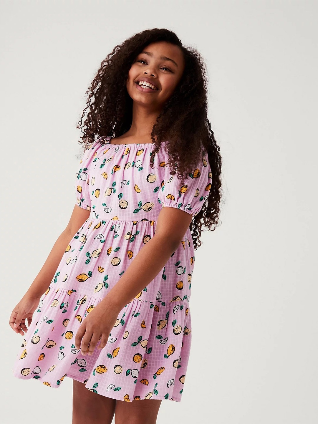 

Marks & Spencer Girls Conversational Printed Puff Sleeves Pure Cotton Fit & Flare Dress, Pink