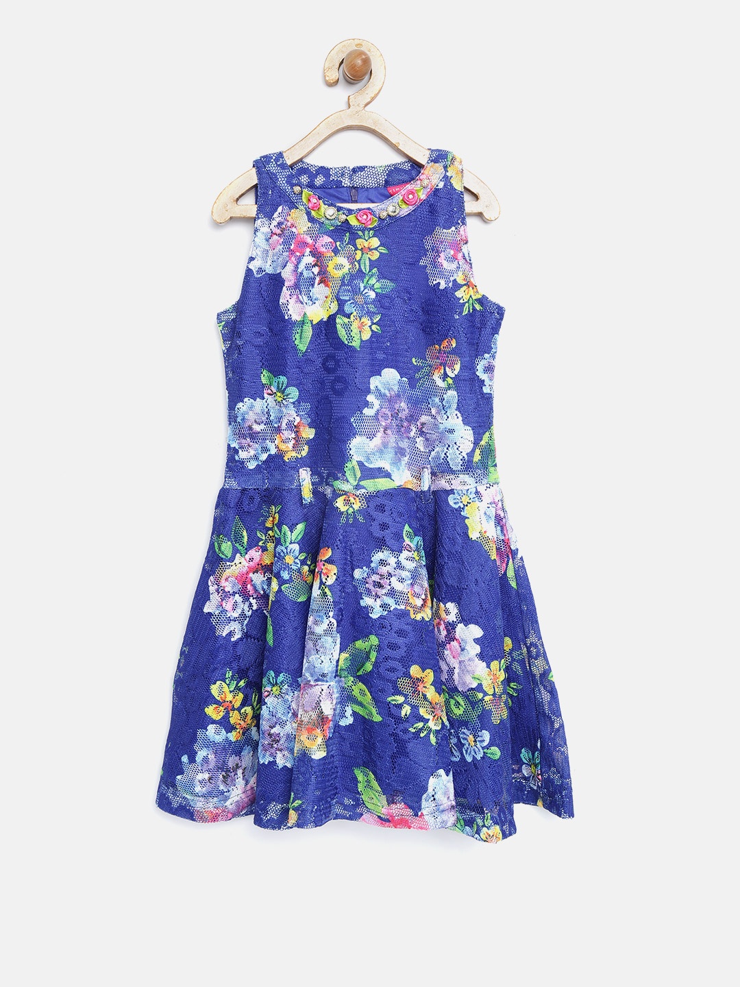 

Tiny Girl Blue Floral Print Lace Fit and Flare Dress