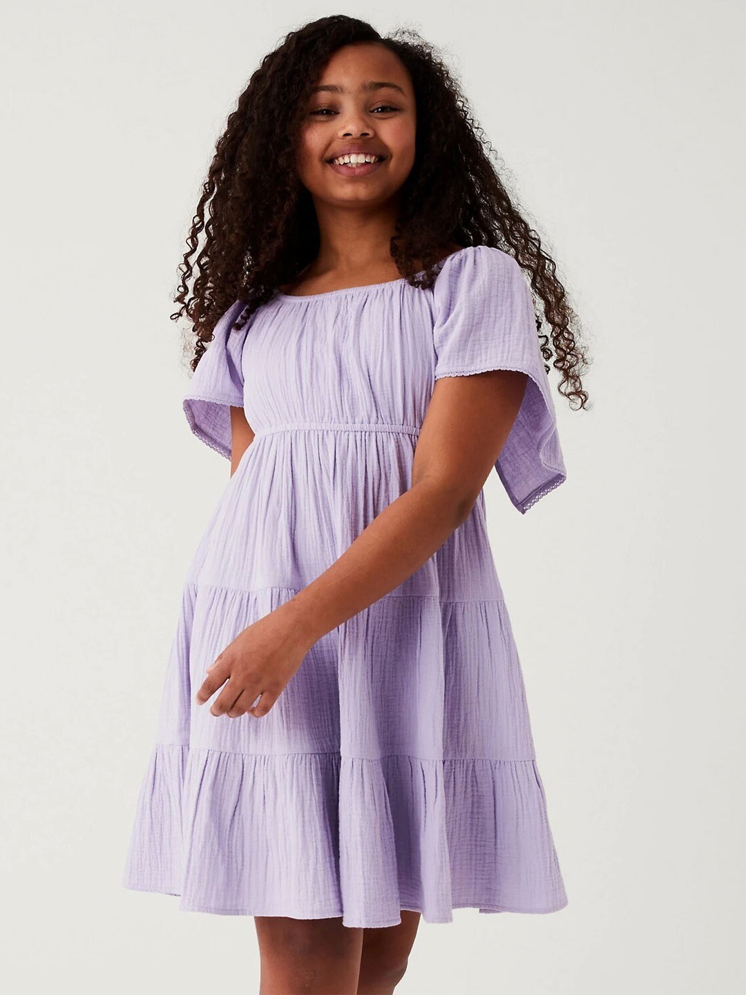 

Marks & Spencer Girls Flared Sleeve Fit and Flare Dress, Purple