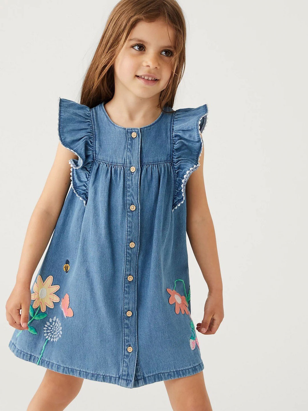 

Marks & Spencer Girls Ruffles Cotton Denim A-Line Dress, Navy blue