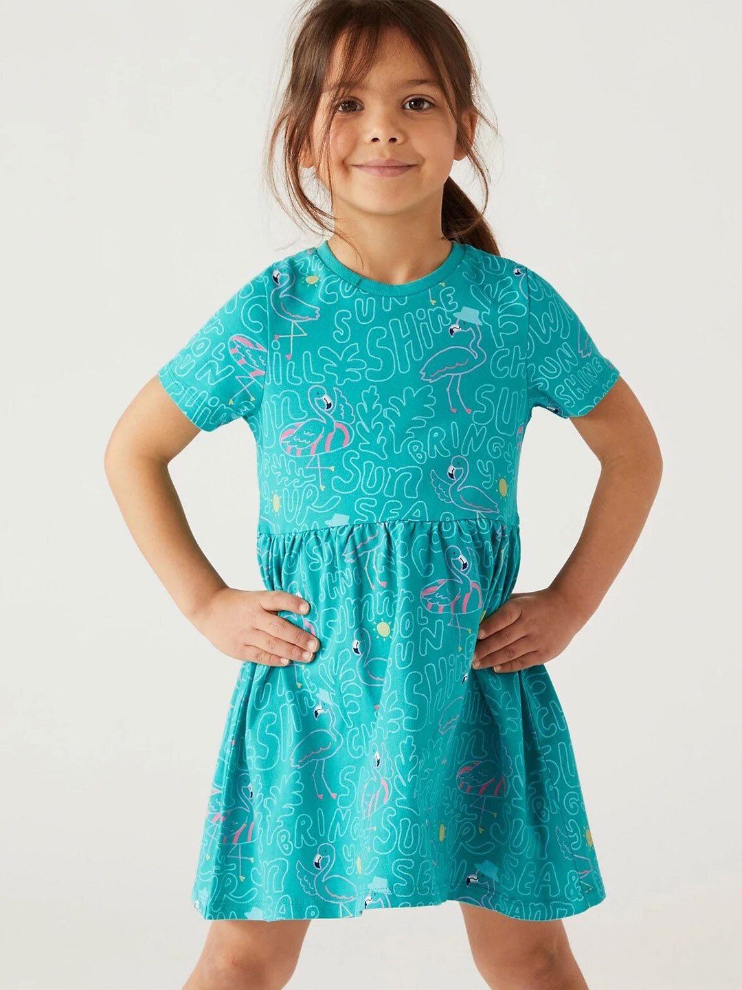 

Marks & Spencer Girls Typographic Printed Cotton A-Line Dress, Green