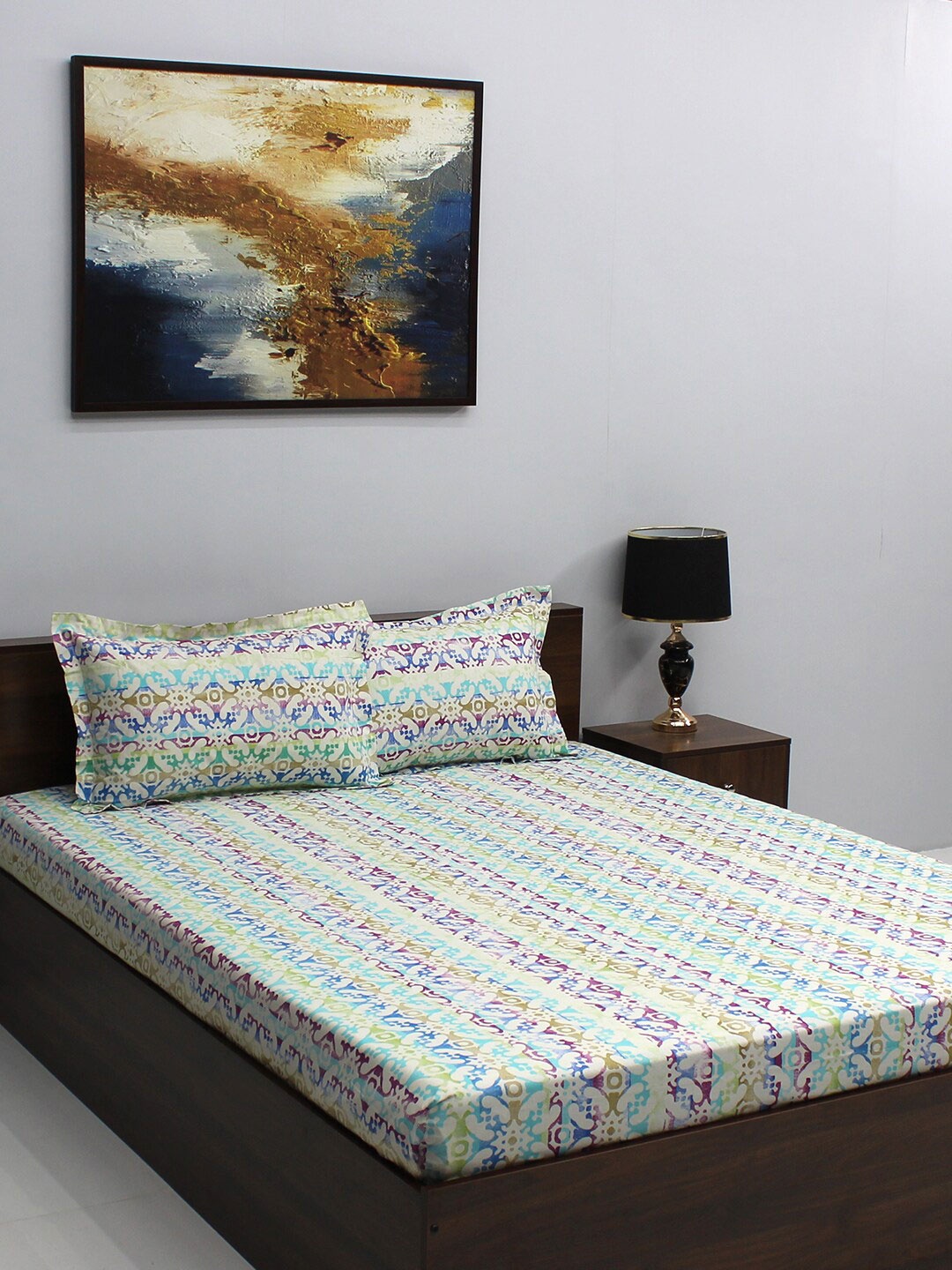

BOMBAY DYEING Blue & Green Epigram Ethnic Motifs 120 TC Queen Bedsheet & 2 Pillow Covers