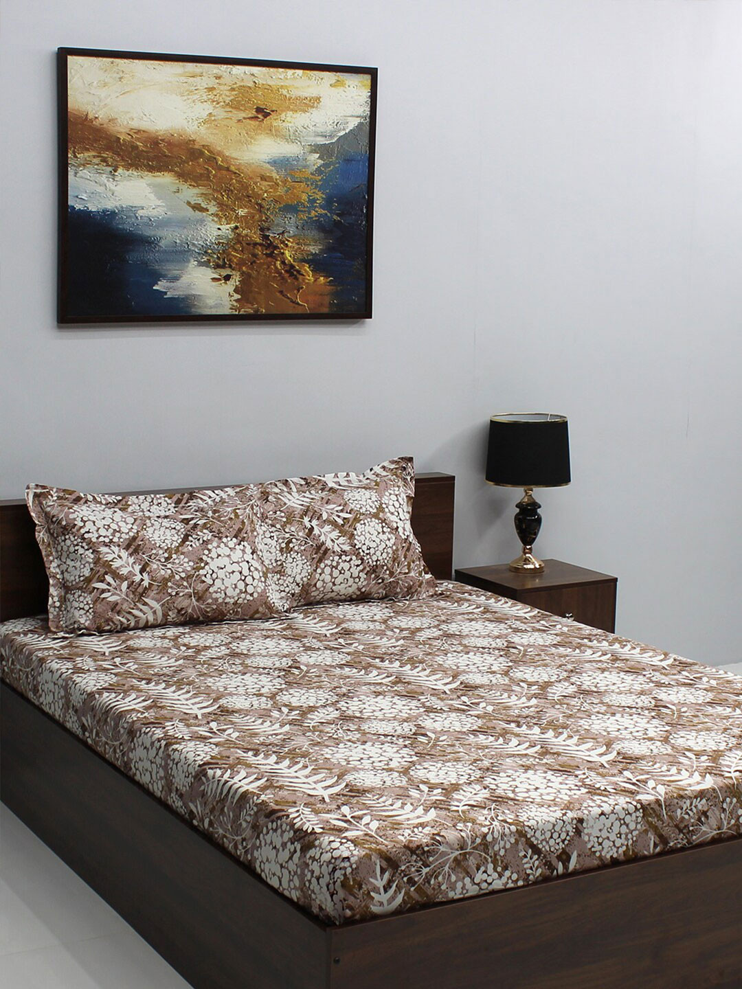 

BOMBAY DYEING Epigram Brown & White Floral Cotton 120 TC Queen Bedsheet & 2 Pillow Covers