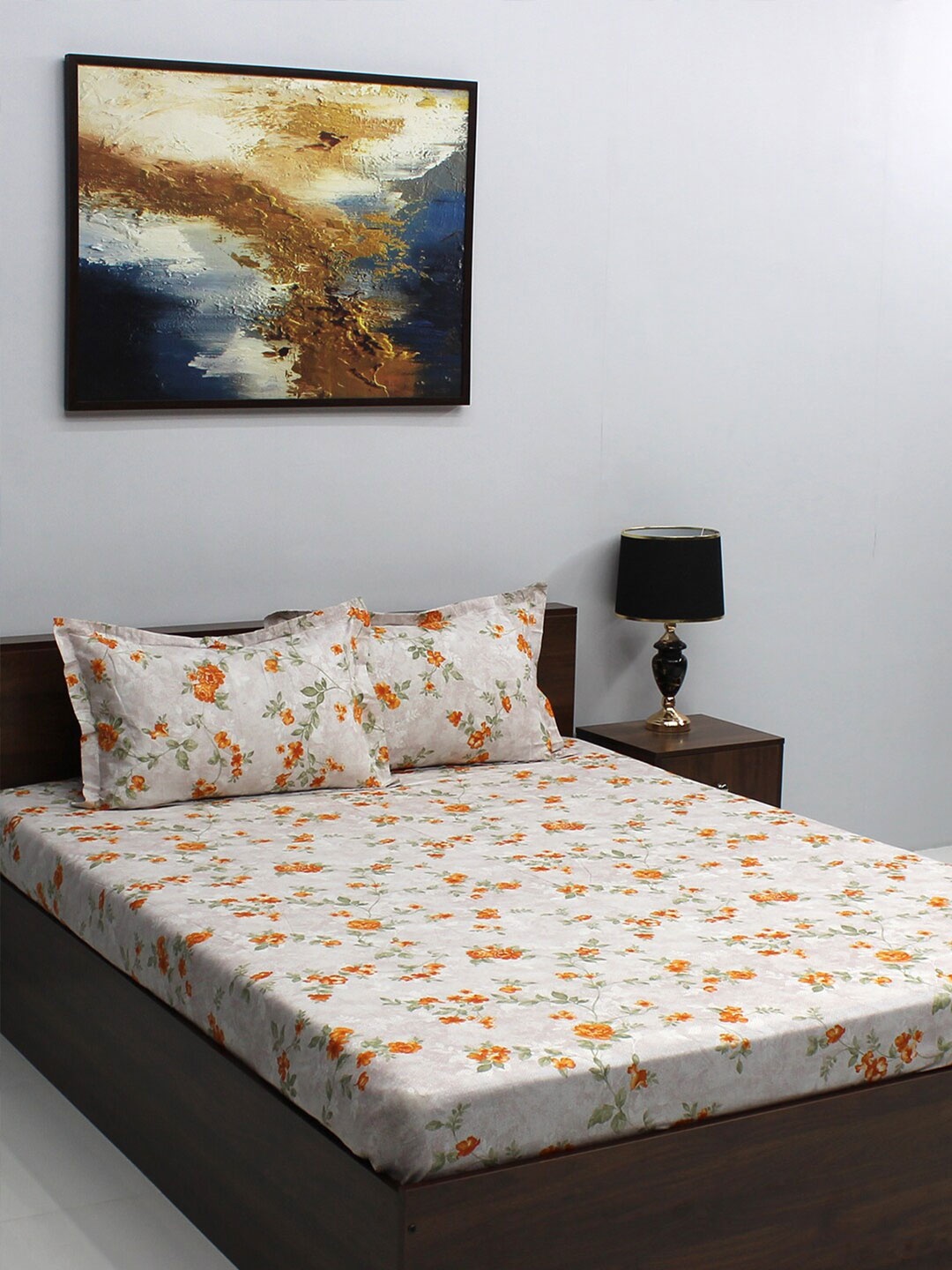 

BOMBAY DYEING Florentine Grey & Orange Floral Cotton 144TC King Bedsheet & 2 Pillow Covers