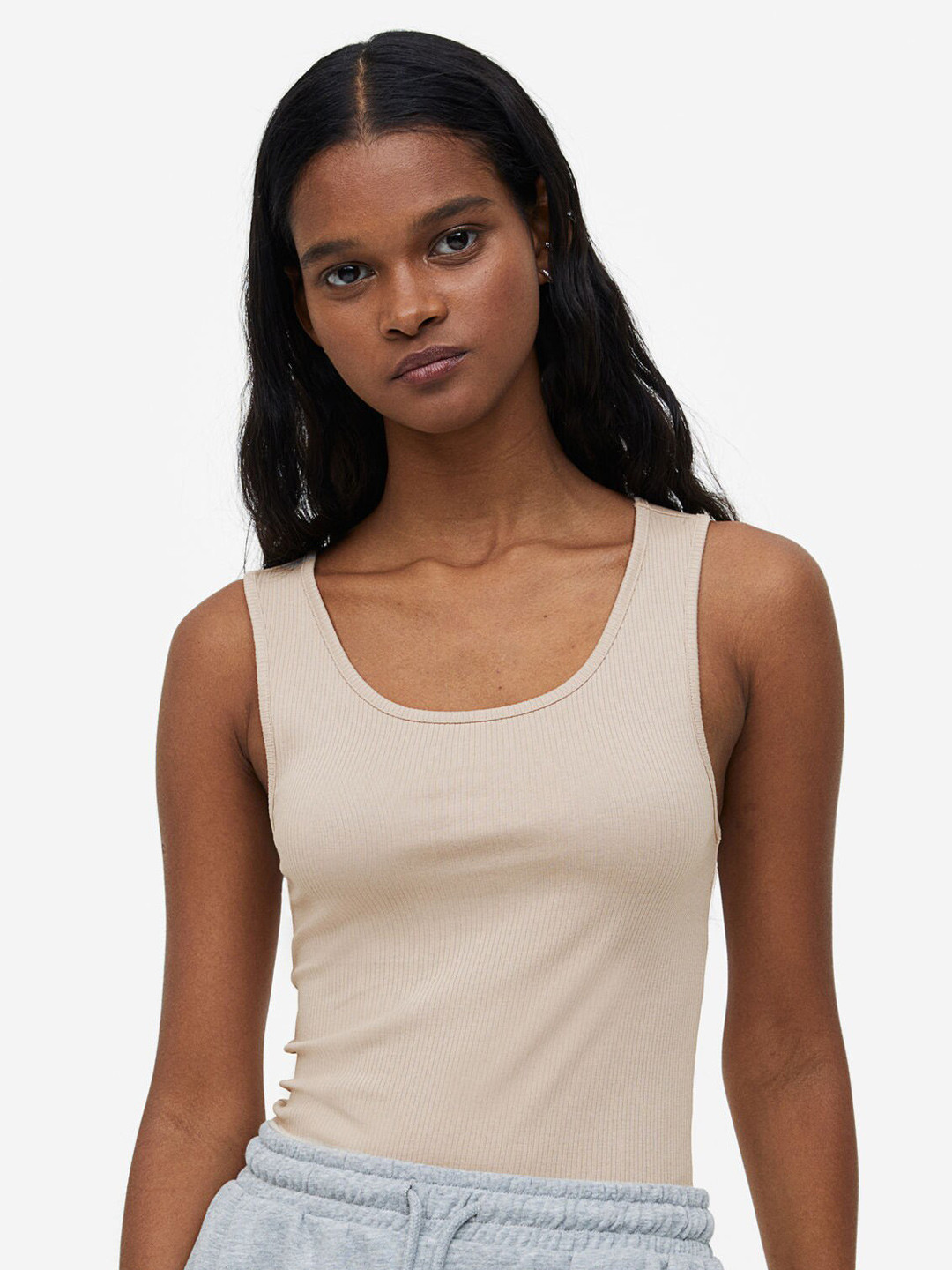

H&M Ribbed Cotton Vest Top, Beige