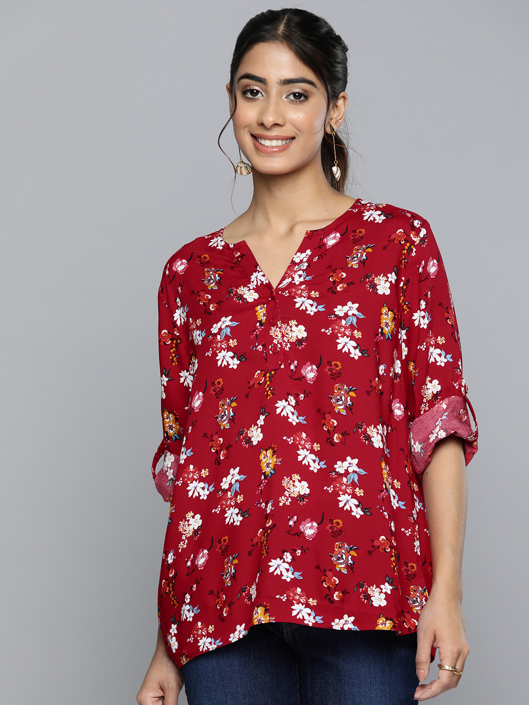 

HERE&NOW Floral Print Mandarin Collar Roll-Up Sleeves Longline Top, Red