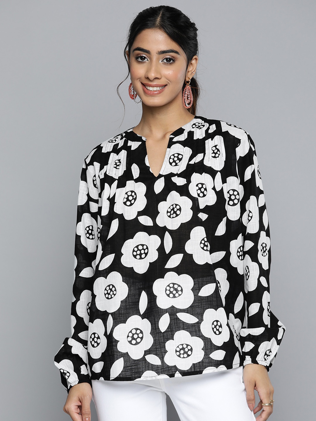 

HERE&NOW Floral Print Mandarin Collar Bishop Sleeves Pure Cotton Longline Top, Black