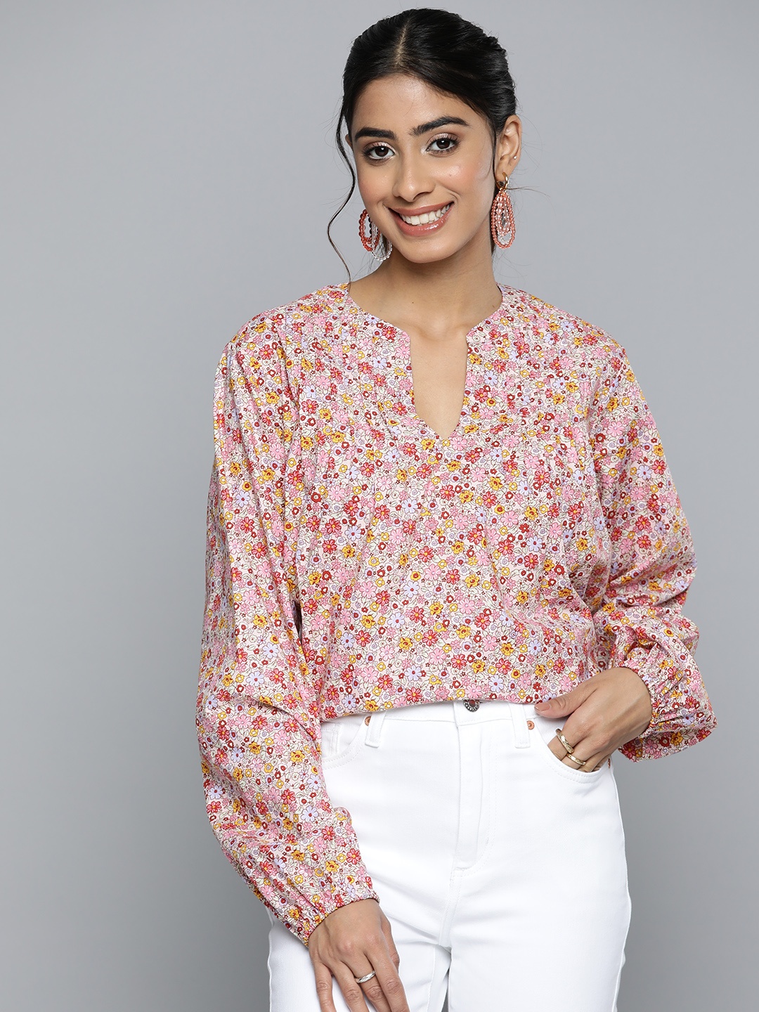 

HERE&NOW Floral Print Mandarin Collar Bishop Sleeves Cotton Longline Top, Pink