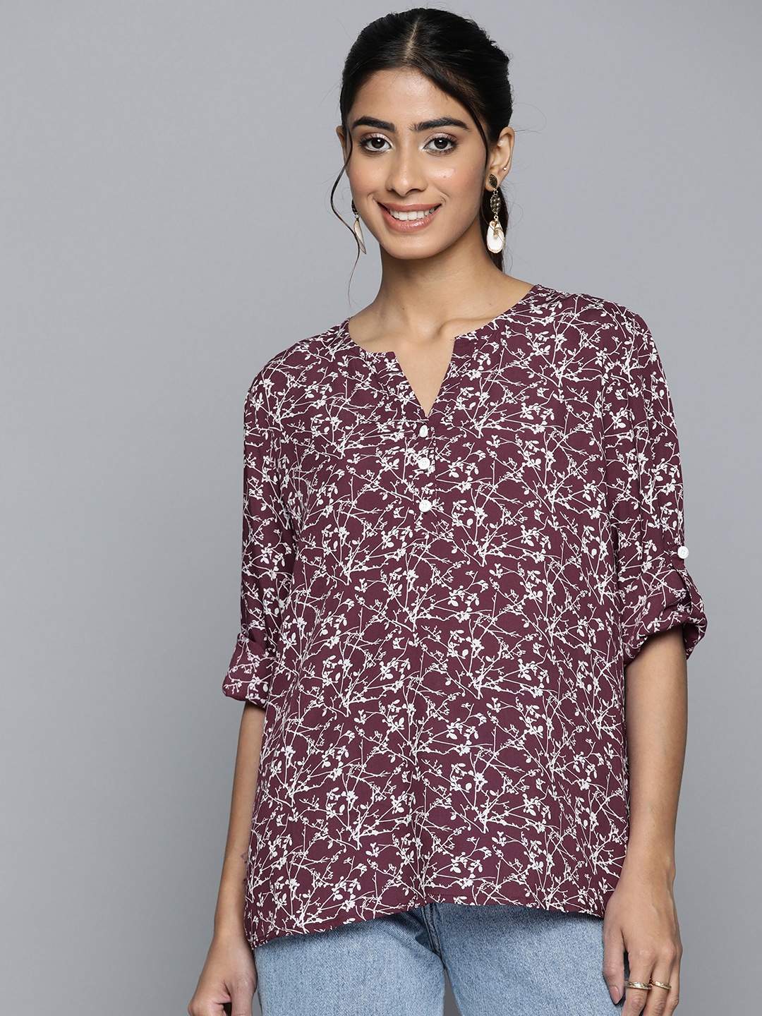

HERE&NOW Floral Print Roll-Up Sleeves Longline Top, Burgundy