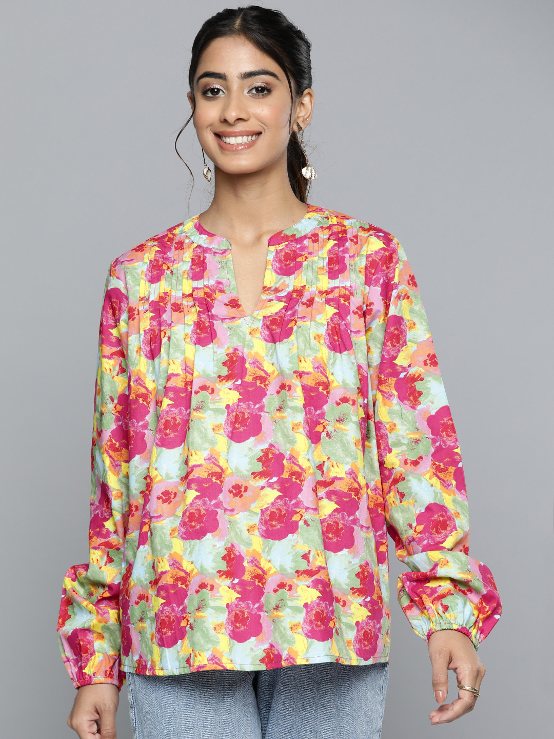

HERE&NOW Floral Print Mandarin Collar Bishop Sleeves Cotton Longline Top, Green