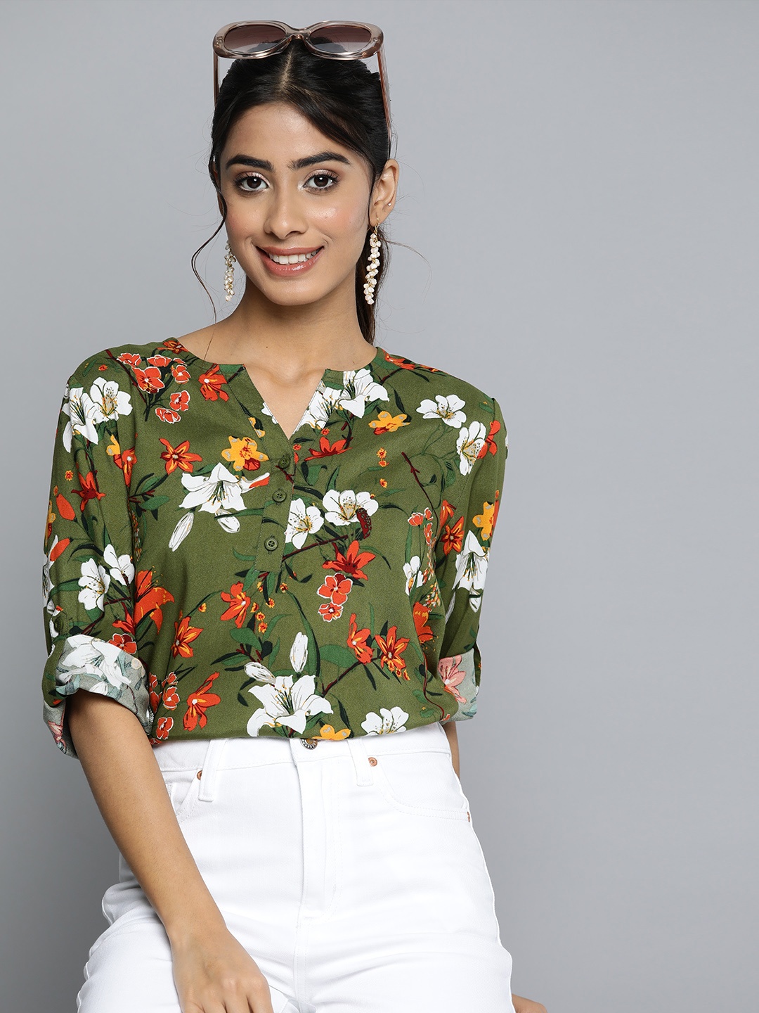 

HERE&NOW Floral Print Roll-Up Sleeves Longline Top, Olive