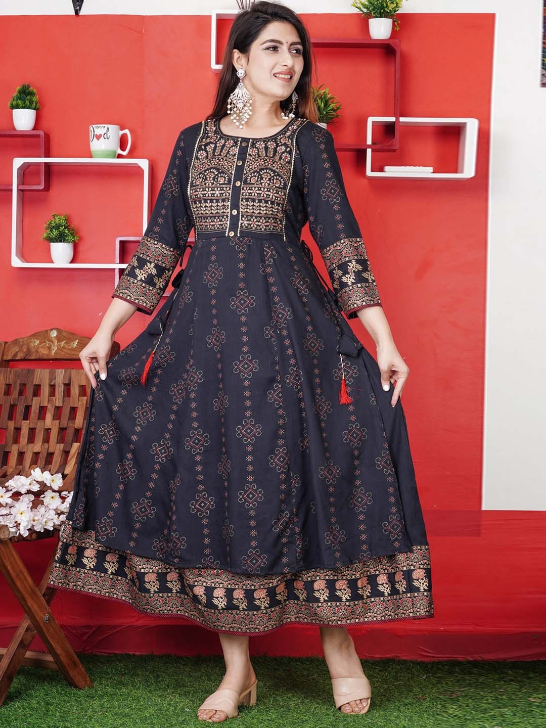 

misbis Ethnic Motifs Printed Mirror Work Fit & Flare Midi Ethnic Dress, Navy blue