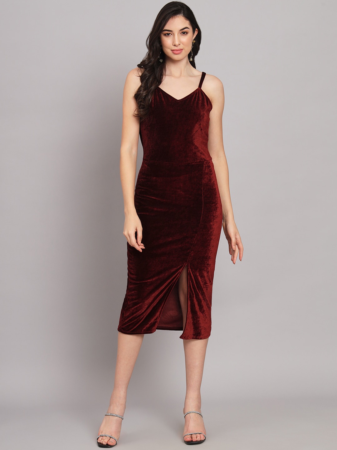 

VAARARO Shoulder Straps Velvet Bodycon Dress, Maroon