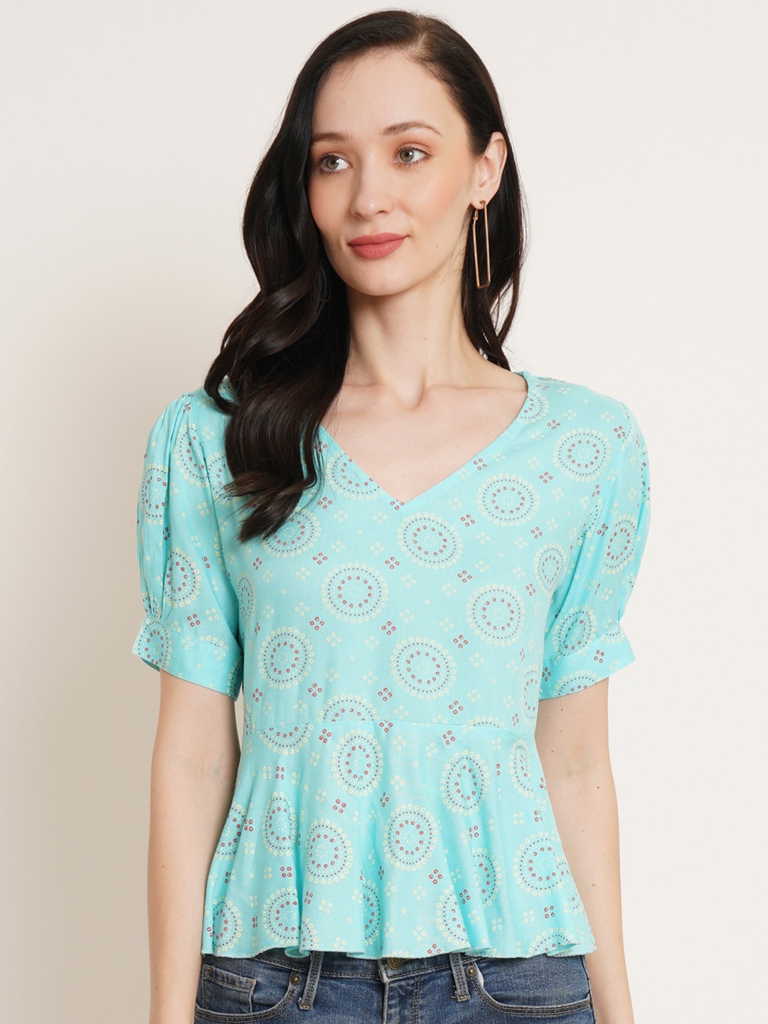 

U&F Turquoise Blue Floral Print Puff Sleeve Top