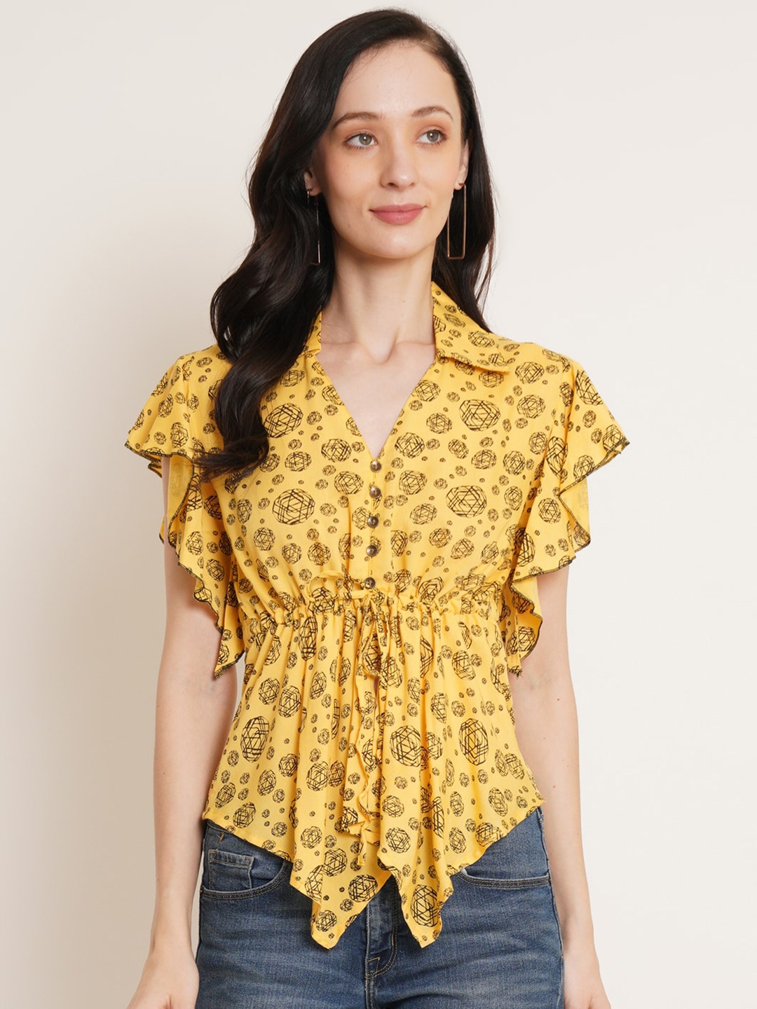 

U&F Yellow Geometric Printed Flutter Sleeve Cinched Waist Top