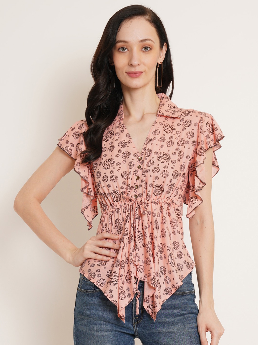 

U&F Pink Abstract Printed Flutter Sleeves Cinched Waist Top