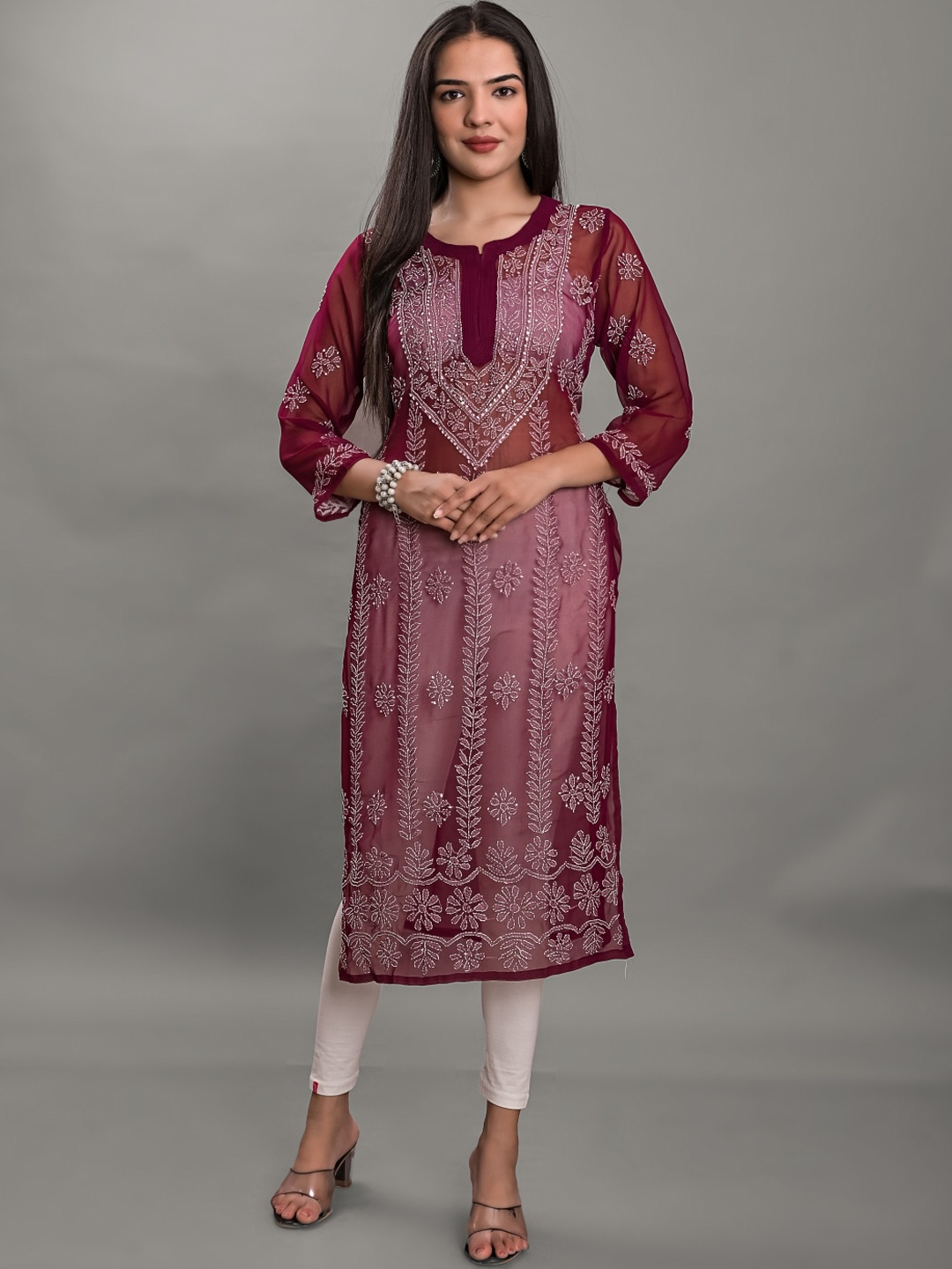 

Apratim Ethnic Motifs Chikankari Embroidered Georgette Kurta, Maroon
