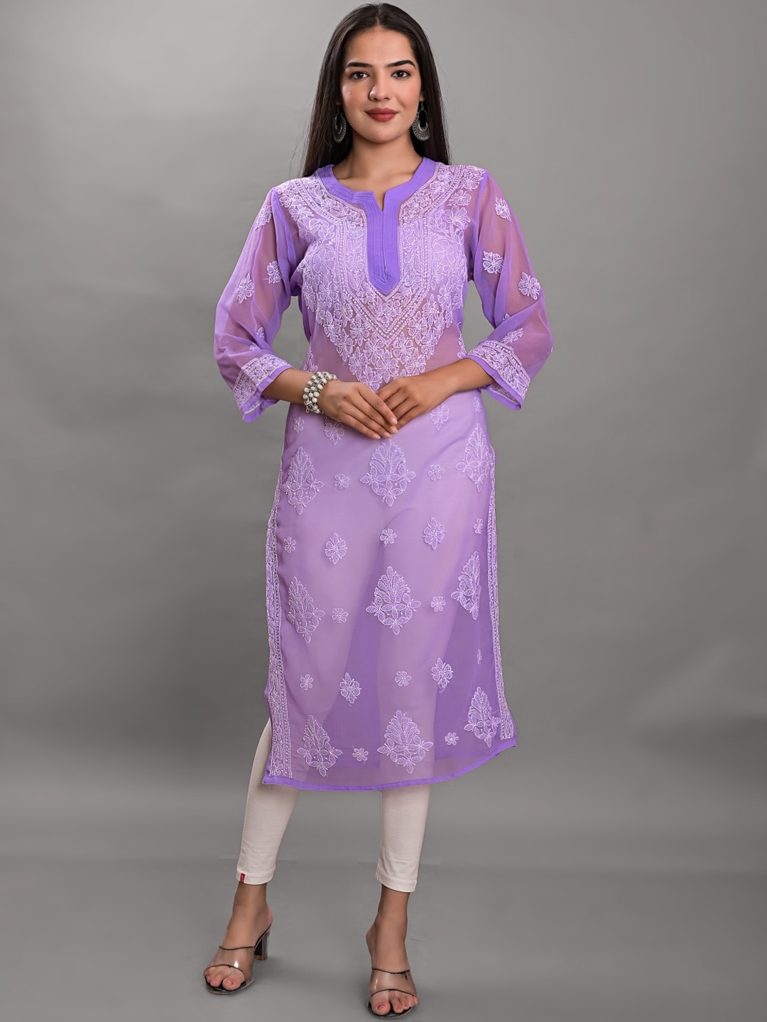 

Apratim Ethnic Motifs Chikankari Embroidered Georgette Kurta, Lavender