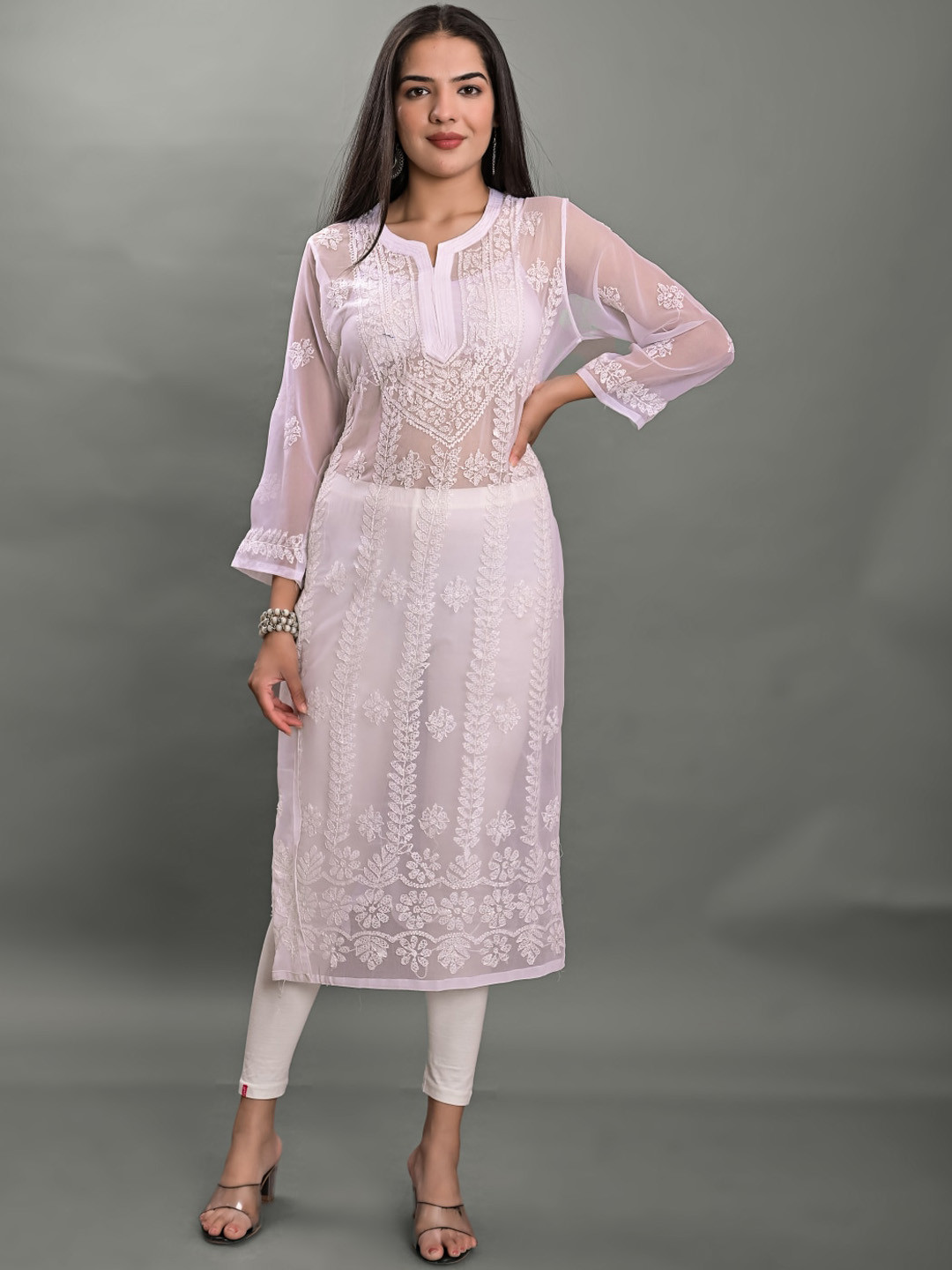 

Apratim Ethnic Motifs Chikankari Embroidered Georgette Kurta, White