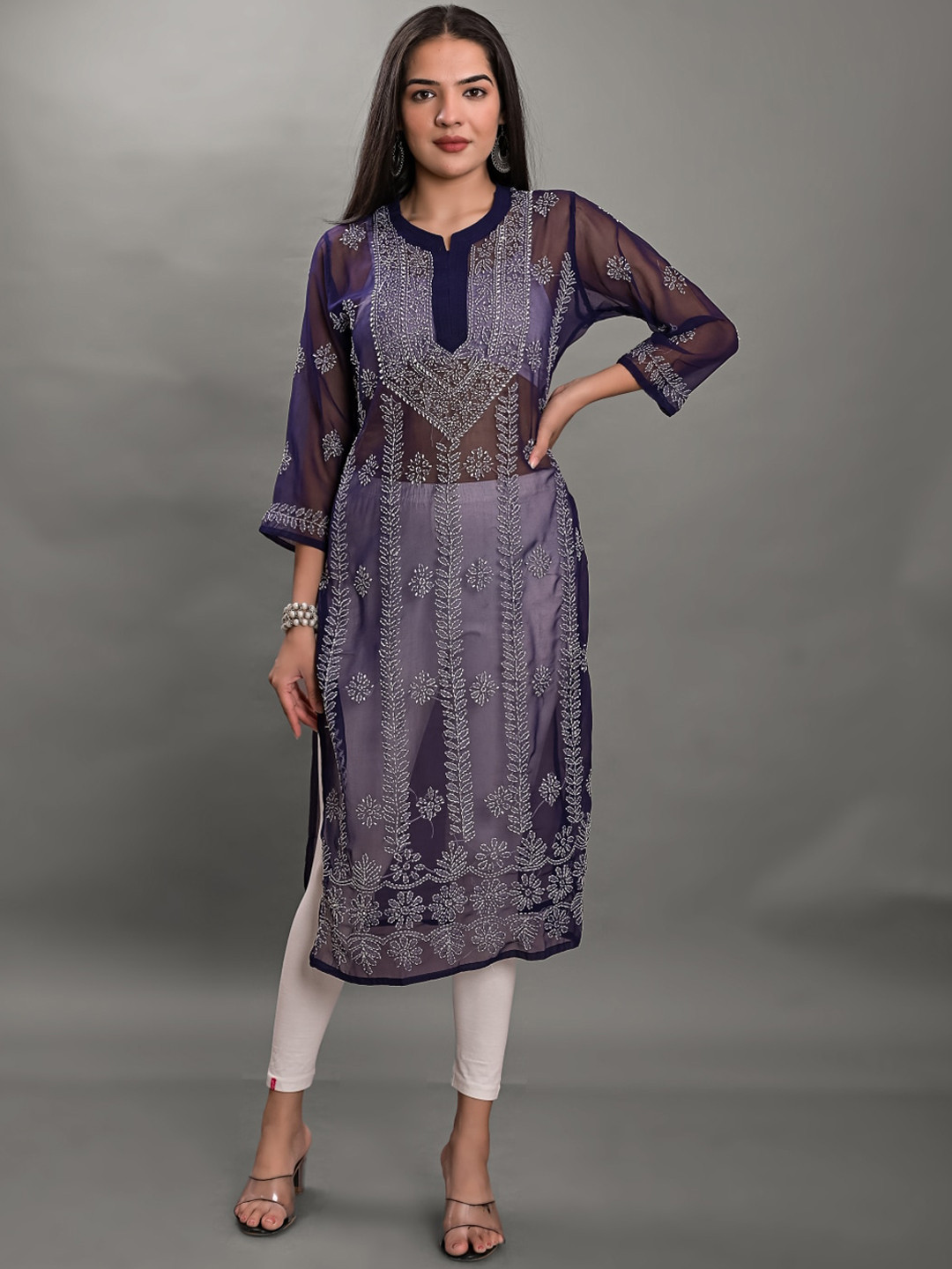 

Apratim Ethnic Motifs Chikankari Embroidered Georgette Kurta, Navy blue