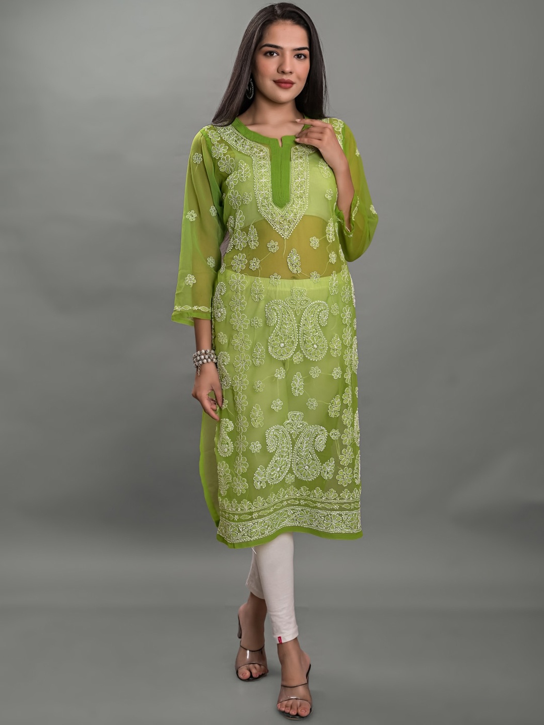 

Apratim Green & White Ethnic Motifs Embroidered Chikankari Georgette Kurta