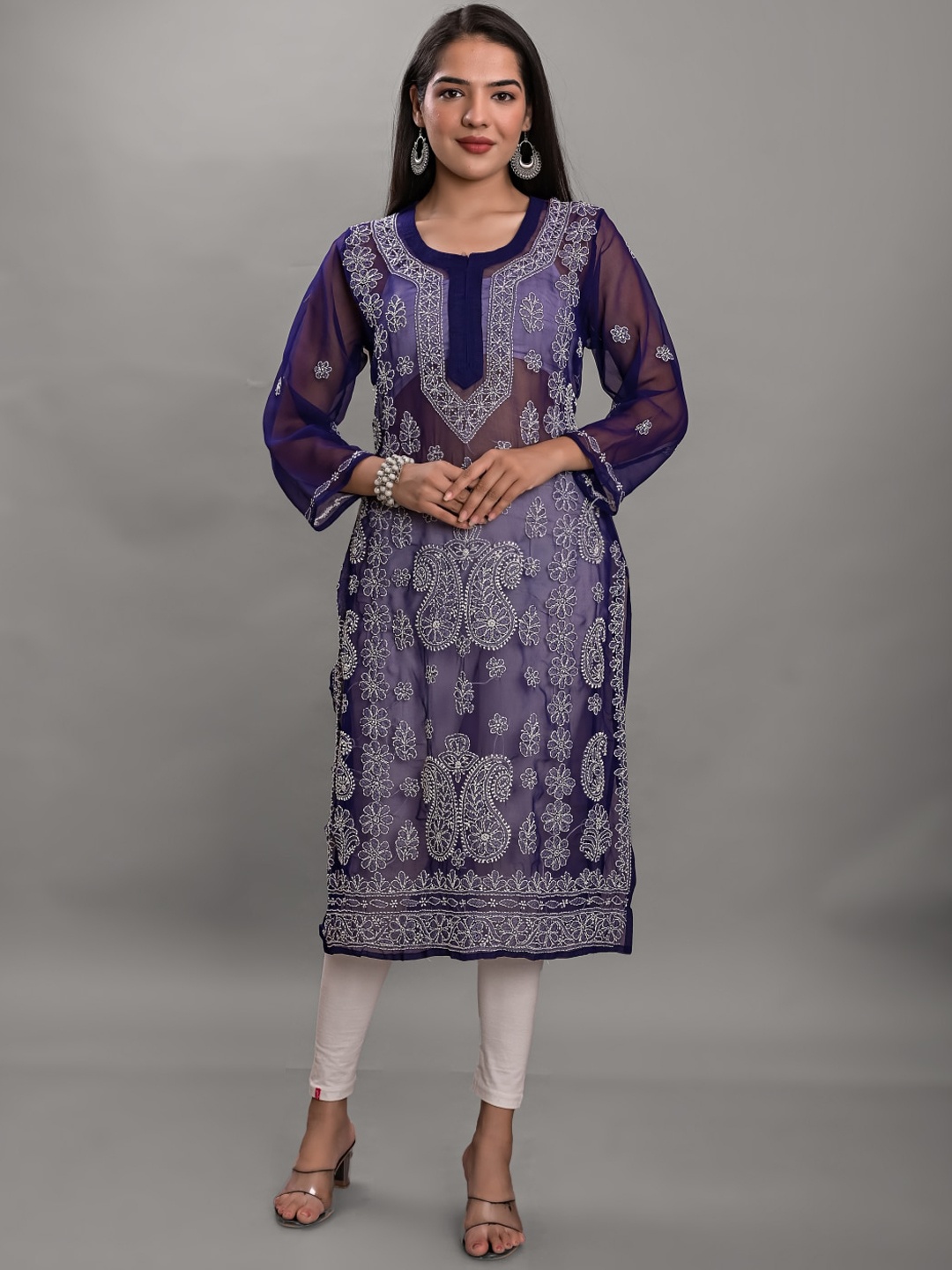 

Apratim Navy Blue & White Ethnic Motifs Embroidered Chikankari Georgette Kurta