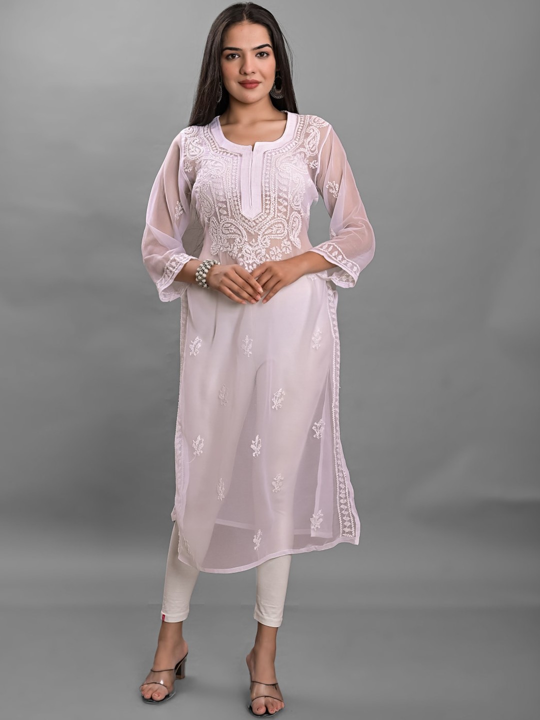 

Apratim White & White Paisley Embroidered Chikankari Georgette Kurta