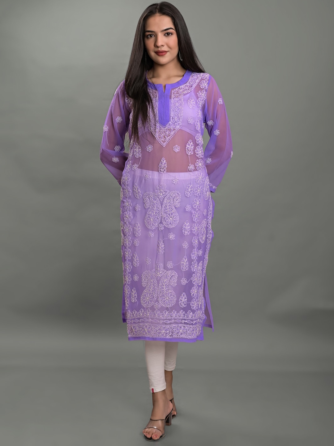 

Apratim Ethnic Motifs Chikankari Embroidered Georgette Kurta, Lavender