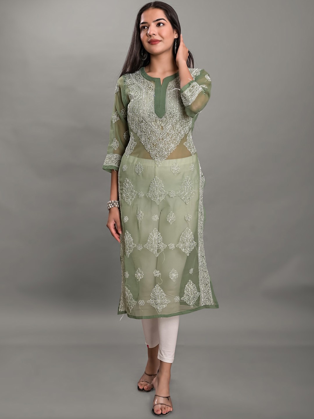 

Apratim Ethnic Motifs Chikankari Embroidered Georgette Kurta, Green