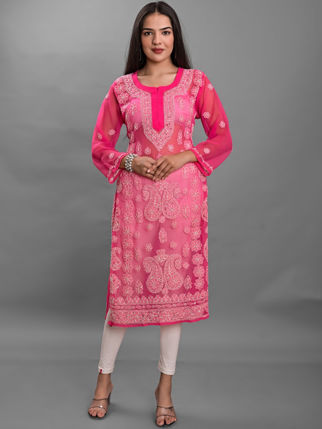 

Apratim Ethnic Motifs Chikankari Embroidered Georgette Kurta, Pink