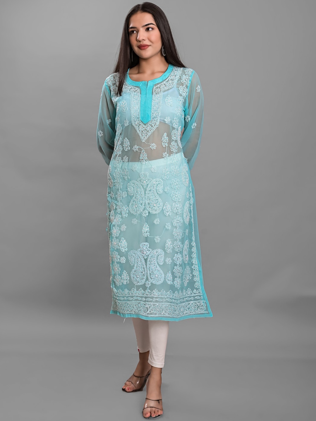 

Apratim Ethnic Motifs Chikankari Embroidered Georgette Kurta, Sea green