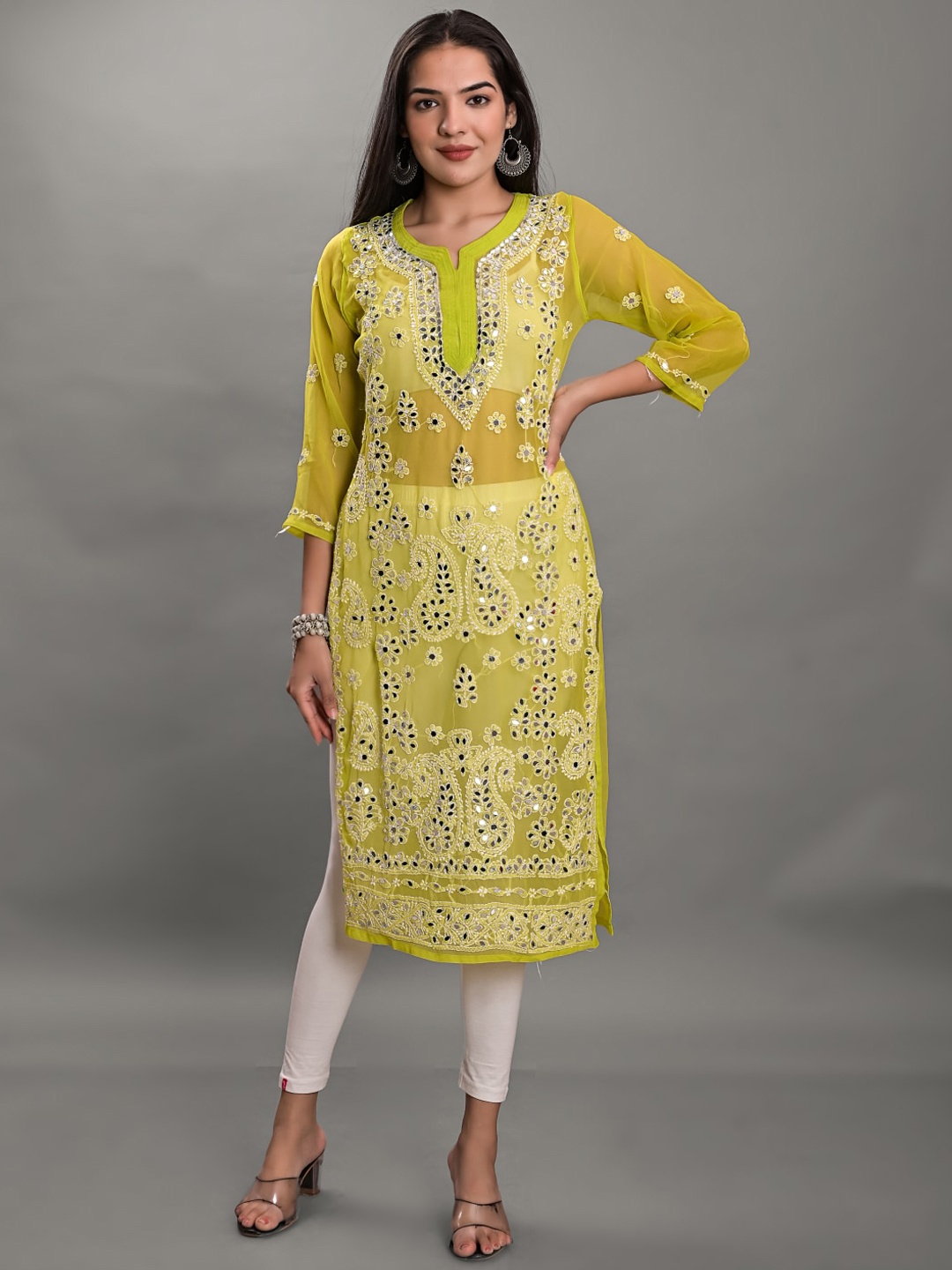 

Apratim Green & White Ethnic Motifs Embroidered Mirror Work Chikankari Georgette Kurta
