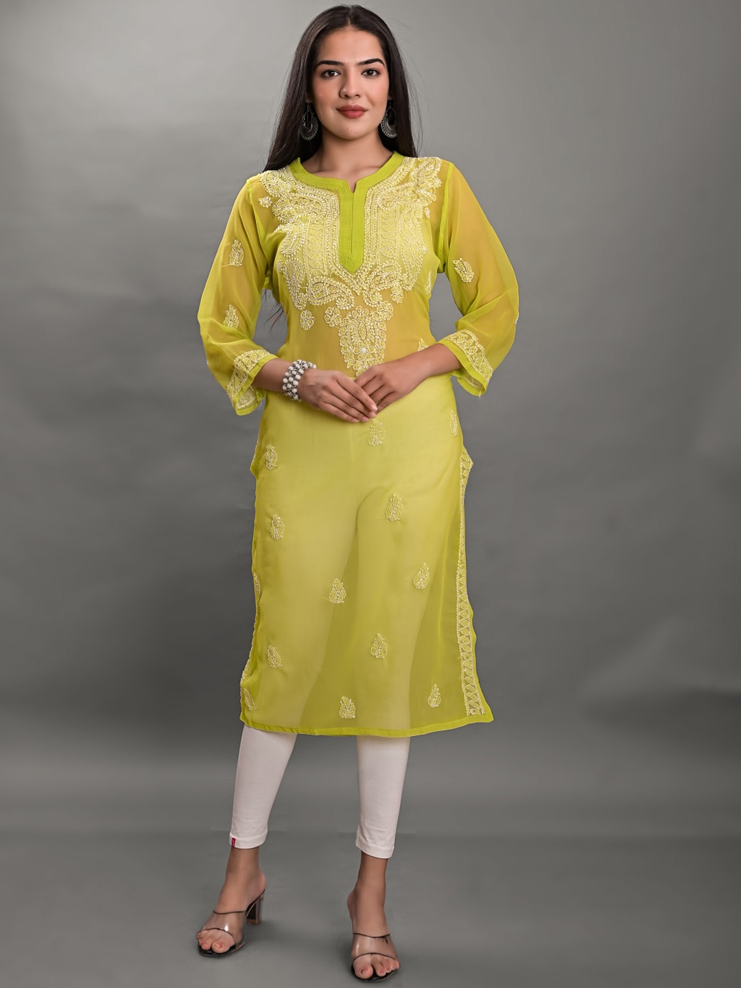 

Apratim Green & White Paisley Embroidered Chikankari Georgette Kurta