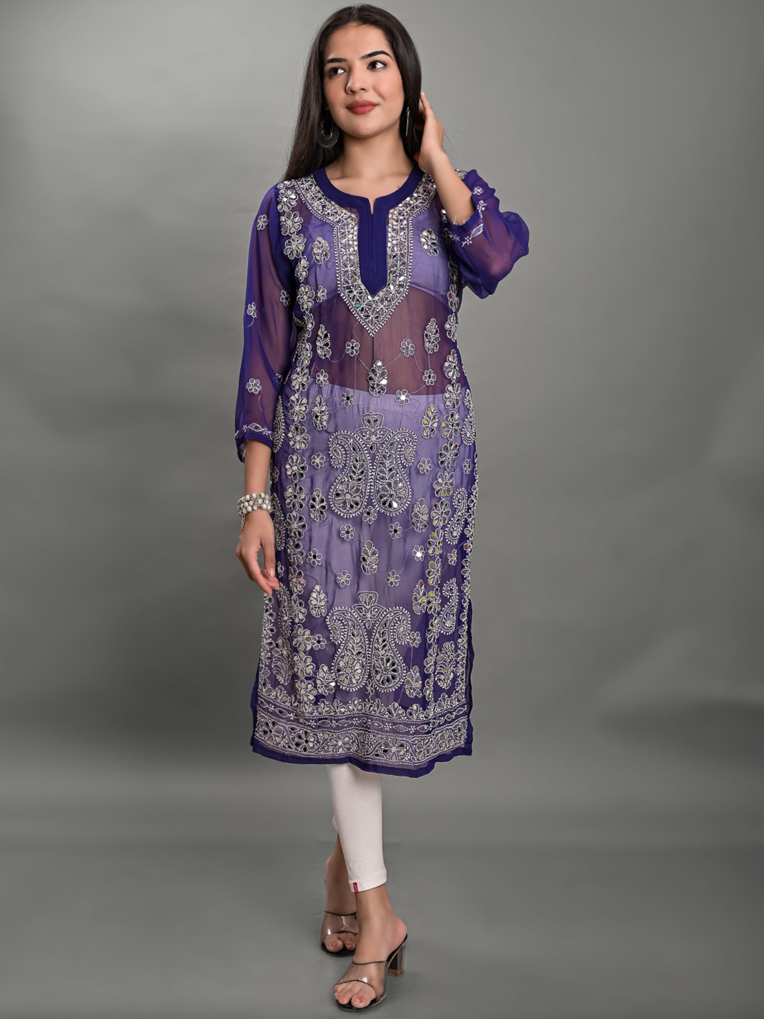 

Apratim Ethnic Motifs Chikankari Embroidered Georgette Kurta, Blue